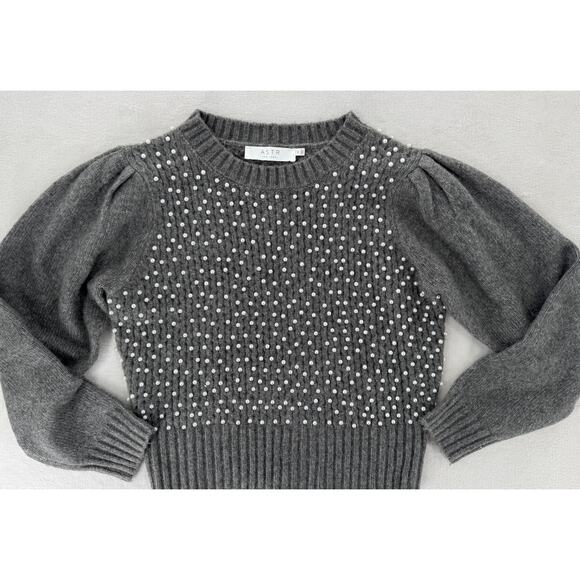 ASTR the Label Gray Pearl Puff Shoulder Sweater Crop Pullover Medium - Picture 5 of 9
